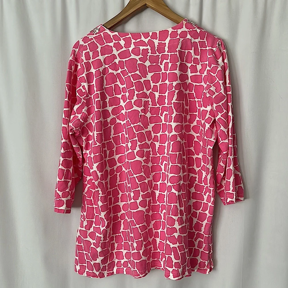 Quaker Factory Pink Giraffe Print Sequins Beaded 3/4 Sleeve Shirt Top **Sz XL** - Picture 2 of 4